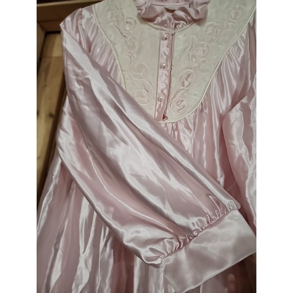 Vintage Sears Cachet Pink Satin Nightgown Womens Small Lace Long Sleeve Ruffle - Picture 3 of 11